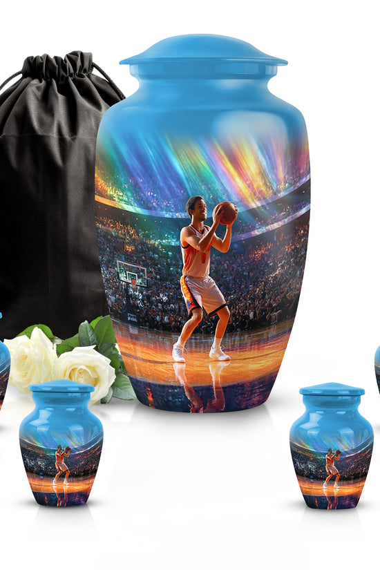 Cobalt Blue Basketball Cremation Urn top-down view of secure threaded lid - traditional basketball engraving with hand-polished finish - memorial set with one large and four small urns