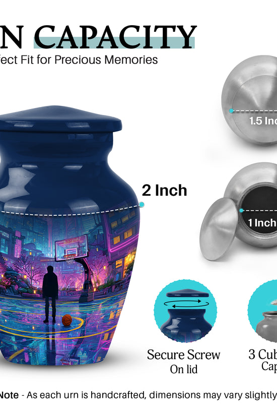 Vivid Blue Basketball Cremation Urn close-up of engraving and surface detail - traditional basketball engraving with hand-polished finish - mini keepsake memorial for portion of cremation ashes