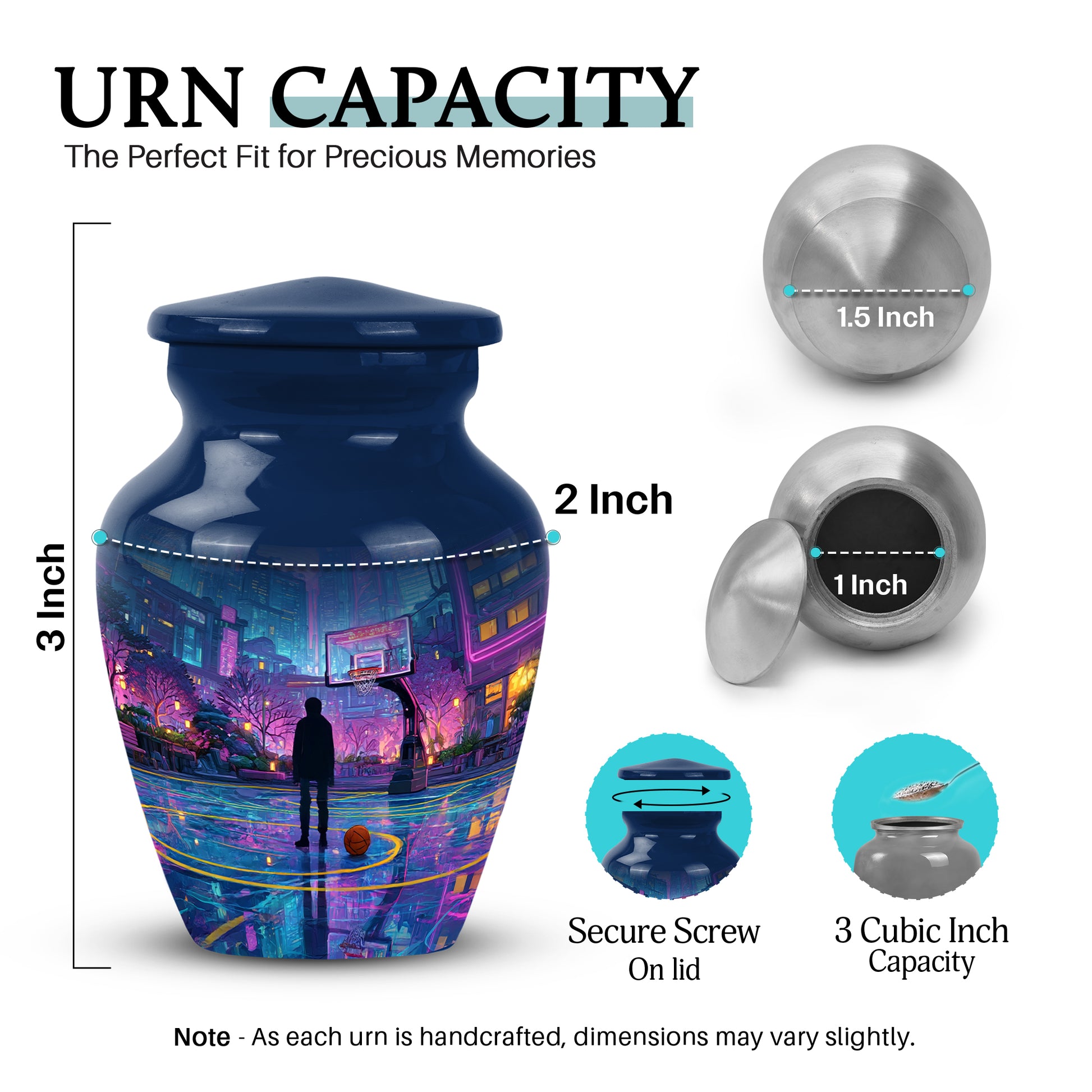 Vivid Blue Basketball Cremation Urn close-up of engraving and surface detail - traditional basketball engraving with hand-polished finish - mini keepsake memorial for portion of cremation ashes