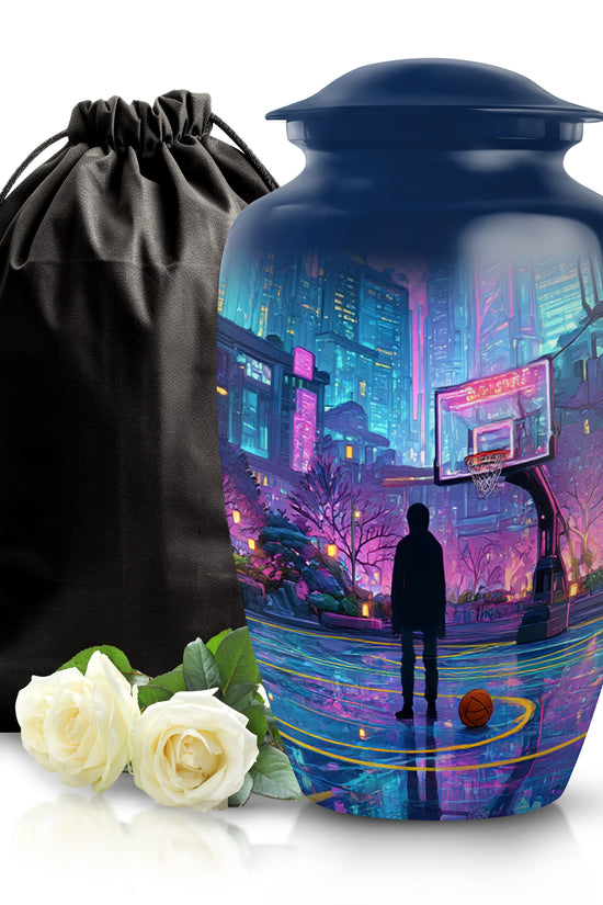 Powder Blue Basketball Cremation Urn angled view of lid and engraved motif - classic sculpted basketball pattern on smooth aluminum - full-size 10 inch 200 cubic inch adult cremation urn