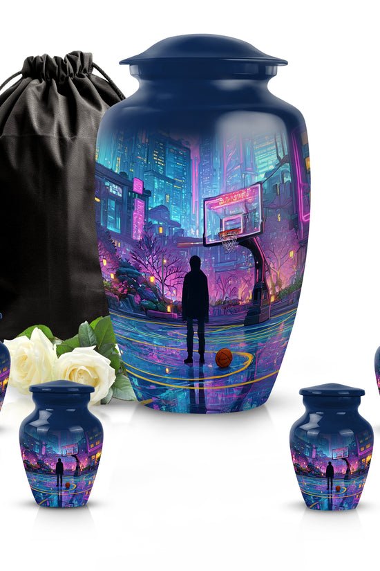 Azure Basketball Cremation Urn top-down view of secure threaded lid - classic sculpted basketball pattern on smooth aluminum - memorial set with one large and four small urns