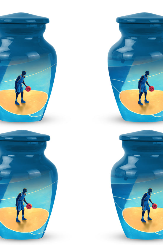 Icy Blue Basketball Cremation Urn side profile showing urn shape - classic sculpted basketball pattern on smooth aluminum - 10 inch aluminum urn for cremated remains