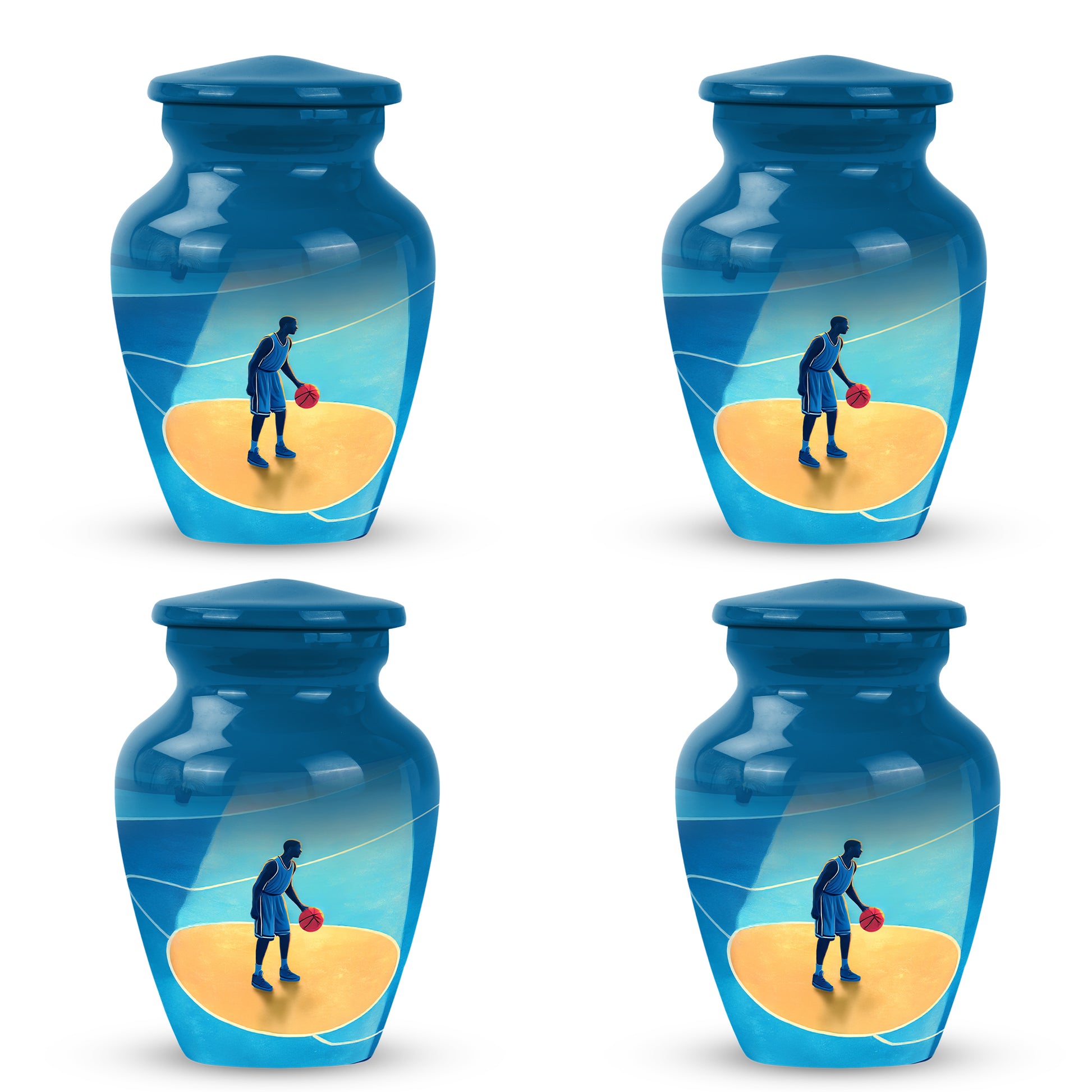 Icy Blue Basketball Cremation Urn side profile showing urn shape - classic sculpted basketball pattern on smooth aluminum - 10 inch aluminum urn for cremated remains