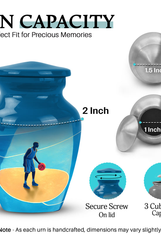 Indigo Basketball Cremation Urn close-up of engraving and surface detail - timeless basketball motif etched into premium metal - mini keepsake memorial for portion of cremation ashes