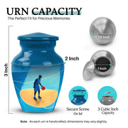 Indigo Basketball Cremation Urn close-up of engraving and surface detail - timeless basketball motif etched into premium metal - mini keepsake memorial for portion of cremation ashes