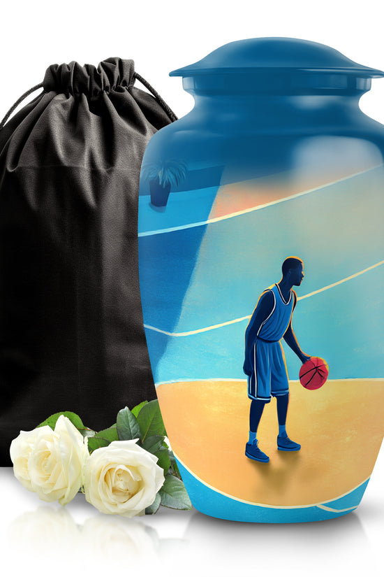 Cobalt Blue Basketball Cremation Urn angled view of lid and engraved motif - traditional basketball engraving with hand-polished finish - full-size 10 inch 200 cubic inch adult cremation urn