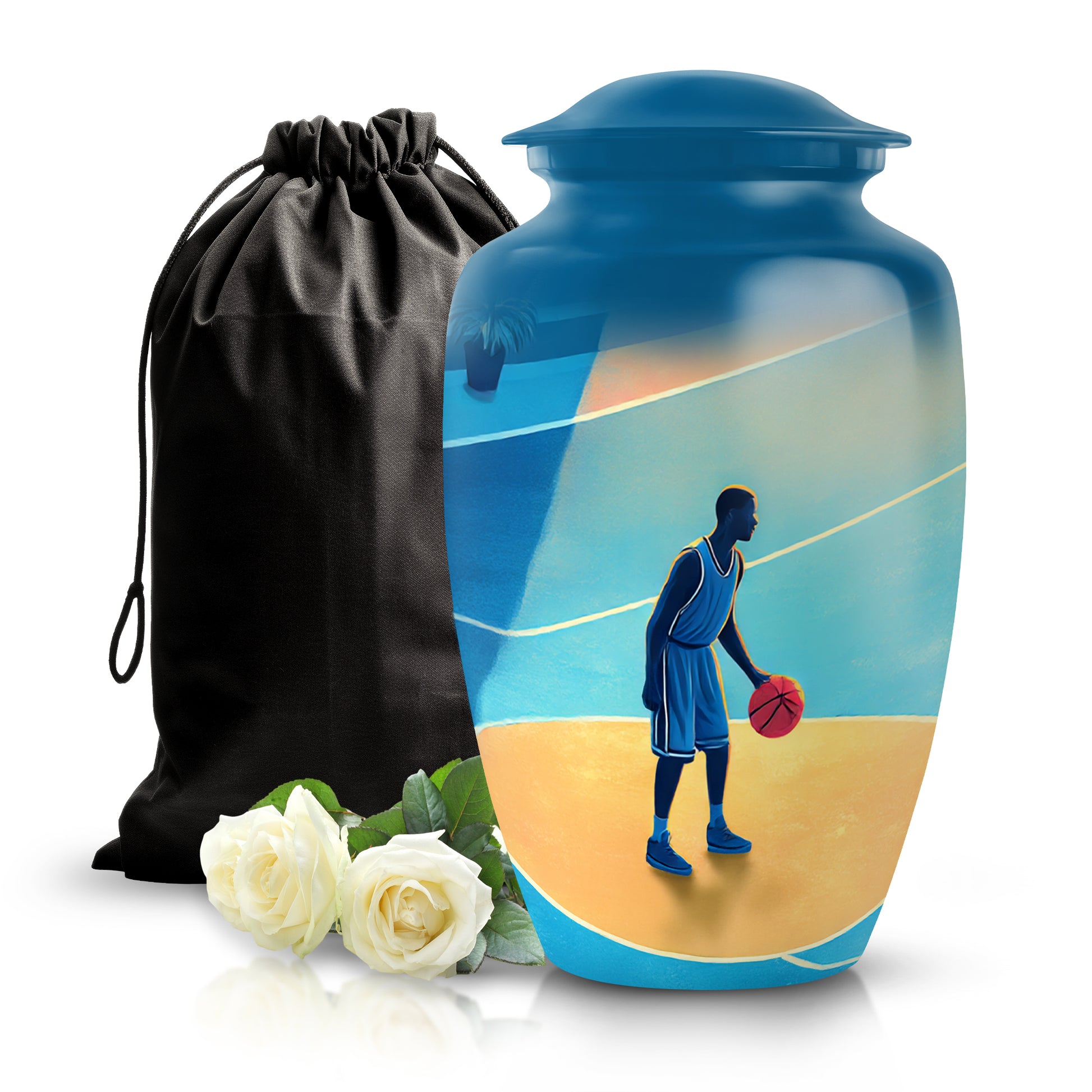 Cobalt Blue Basketball Cremation Urn angled view of lid and engraved motif - traditional basketball engraving with hand-polished finish - full-size 10 inch 200 cubic inch adult cremation urn