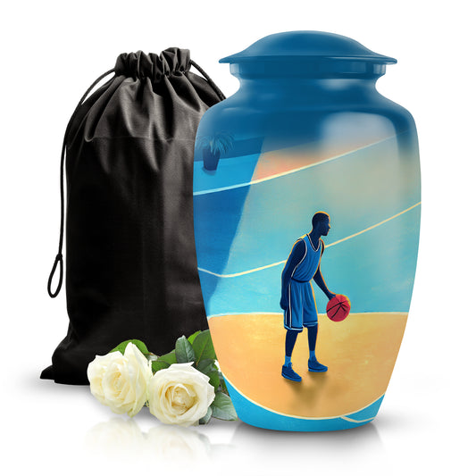 Cobalt Blue Basketball Cremation Urn angled view of lid and engraved motif - traditional basketball engraving with hand-polished finish - full-size 10 inch 200 cubic inch adult cremation urn