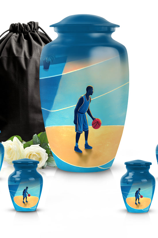 Sapphire Blue Basketball Cremation Urn top-down view of secure threaded lid - elegant classic basketball relief with fine detailing - memorial set with one large and four small urns