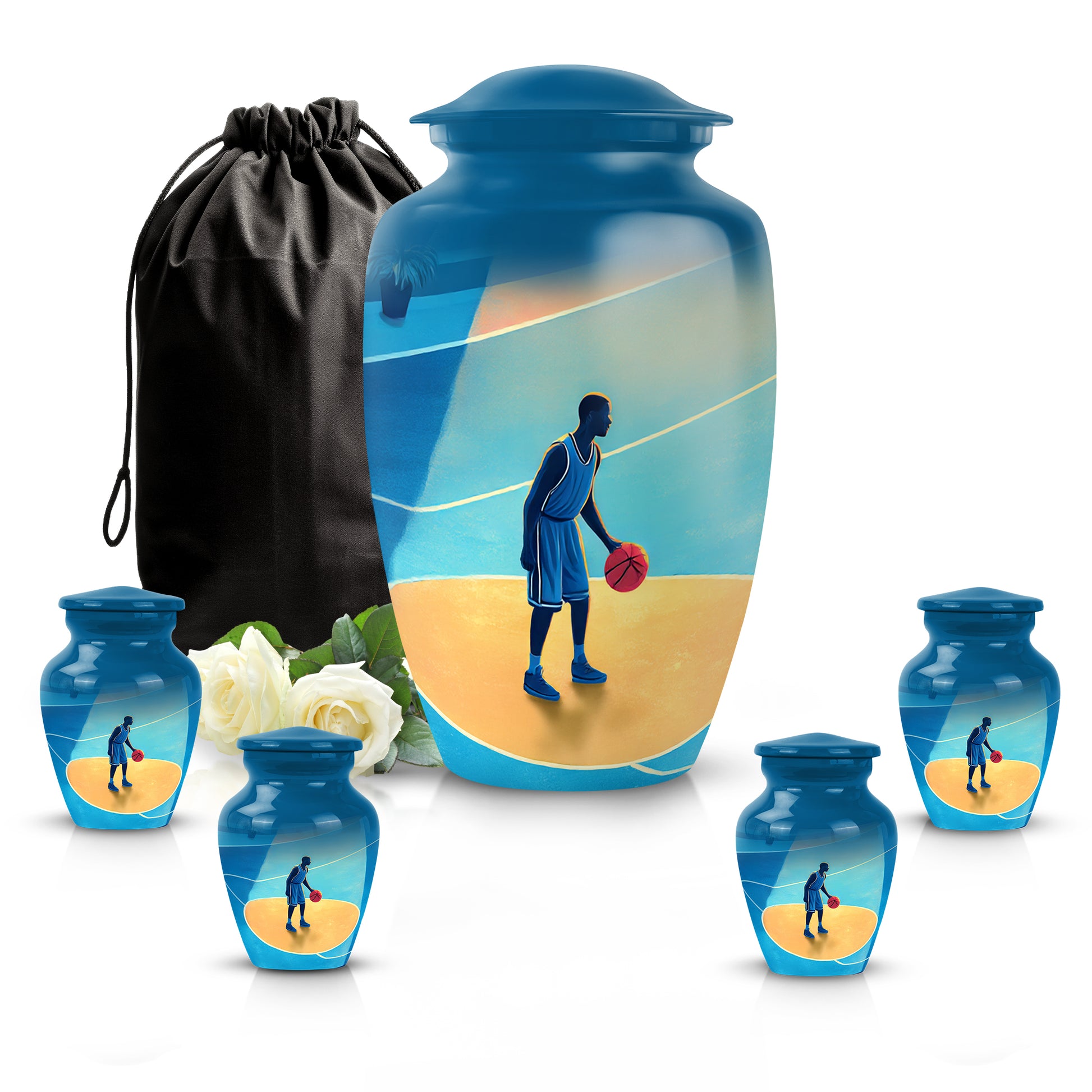 Sapphire Blue Basketball Cremation Urn top-down view of secure threaded lid - elegant classic basketball relief with fine detailing - memorial set with one large and four small urns