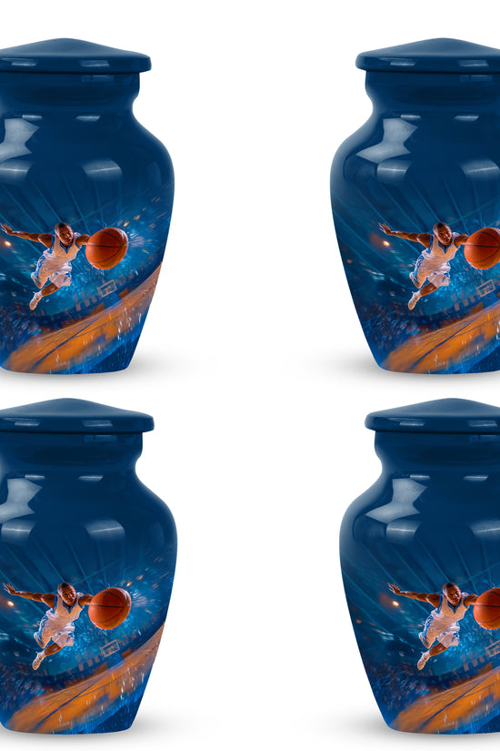 Indigo Basketball Cremation Urn side profile showing urn shape - timeless basketball motif etched into premium metal - 10 inch aluminum urn for cremated remains