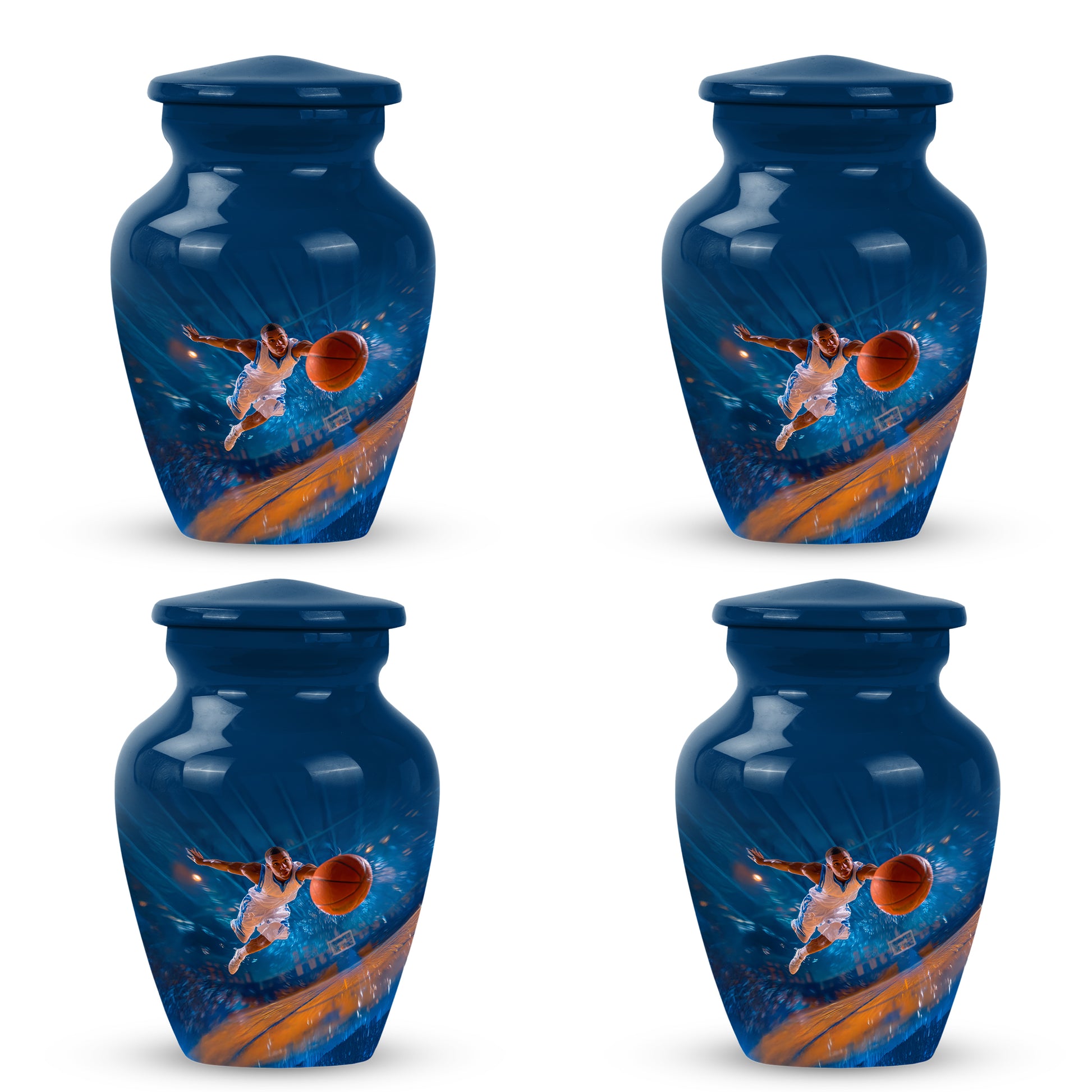 Indigo Basketball Cremation Urn side profile showing urn shape - timeless basketball motif etched into premium metal - 10 inch aluminum urn for cremated remains