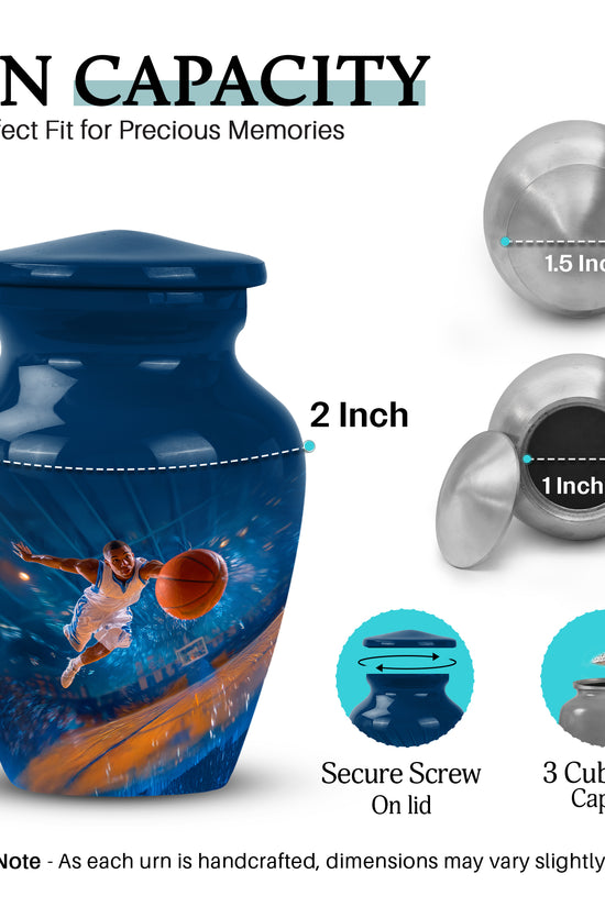 Calming Blue Basketball Cremation Urn close-up of engraving and surface detail - traditional basketball engraving with hand-polished finish - mini keepsake memorial for portion of cremation ashes