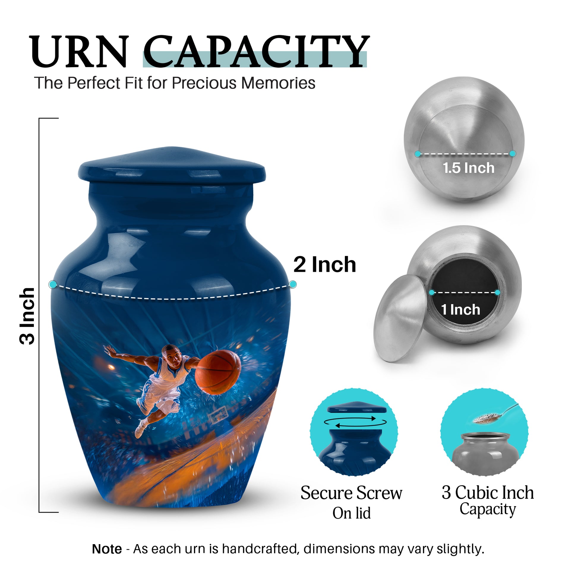 Calming Blue Basketball Cremation Urn close-up of engraving and surface detail - traditional basketball engraving with hand-polished finish - mini keepsake memorial for portion of cremation ashes