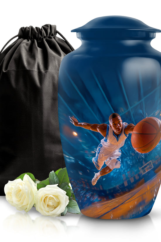 Bright Blue Basketball Cremation Urn angled view of lid and engraved motif - elegant classic basketball relief with fine detailing - full-size 10 inch 200 cubic inch adult cremation urn