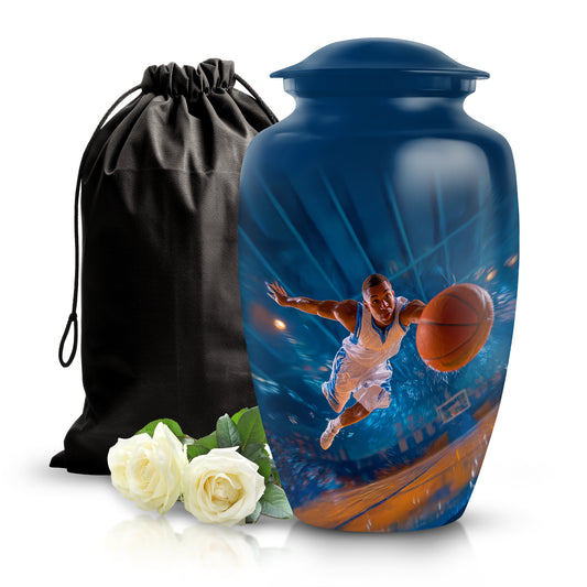 Bright Blue Basketball Cremation Urn angled view of lid and engraved motif - elegant classic basketball relief with fine detailing - full-size 10 inch 200 cubic inch adult cremation urn
