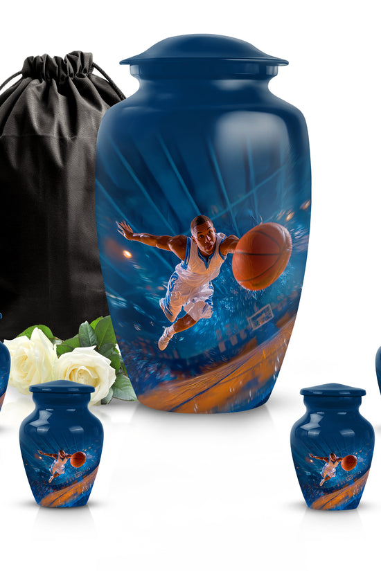 Vivid Blue Basketball Cremation Urn top-down view of secure threaded lid - traditional basketball engraving with hand-polished finish - memorial set with one large and four small urns