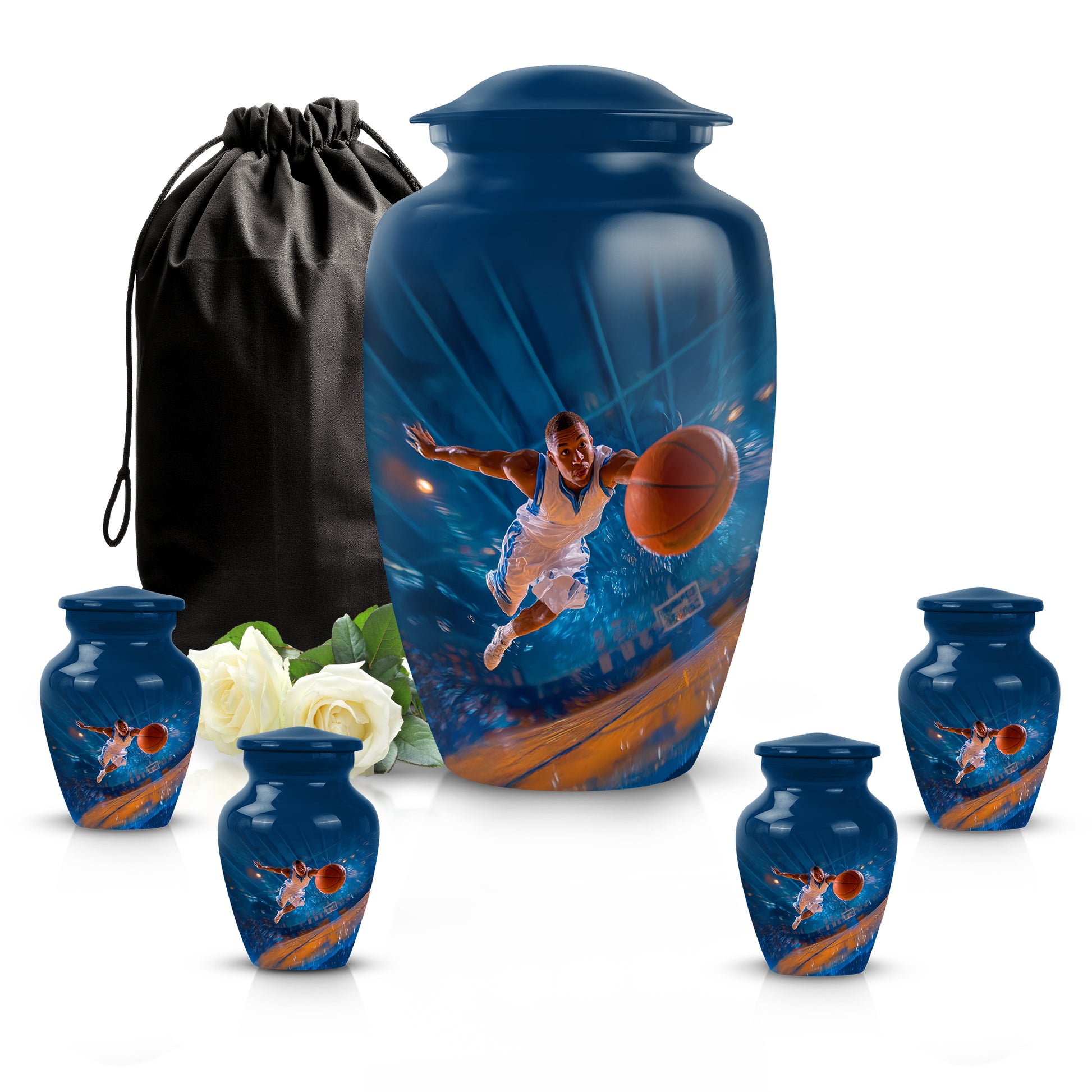 Vivid Blue Basketball Cremation Urn top-down view of secure threaded lid - traditional basketball engraving with hand-polished finish - memorial set with one large and four small urns