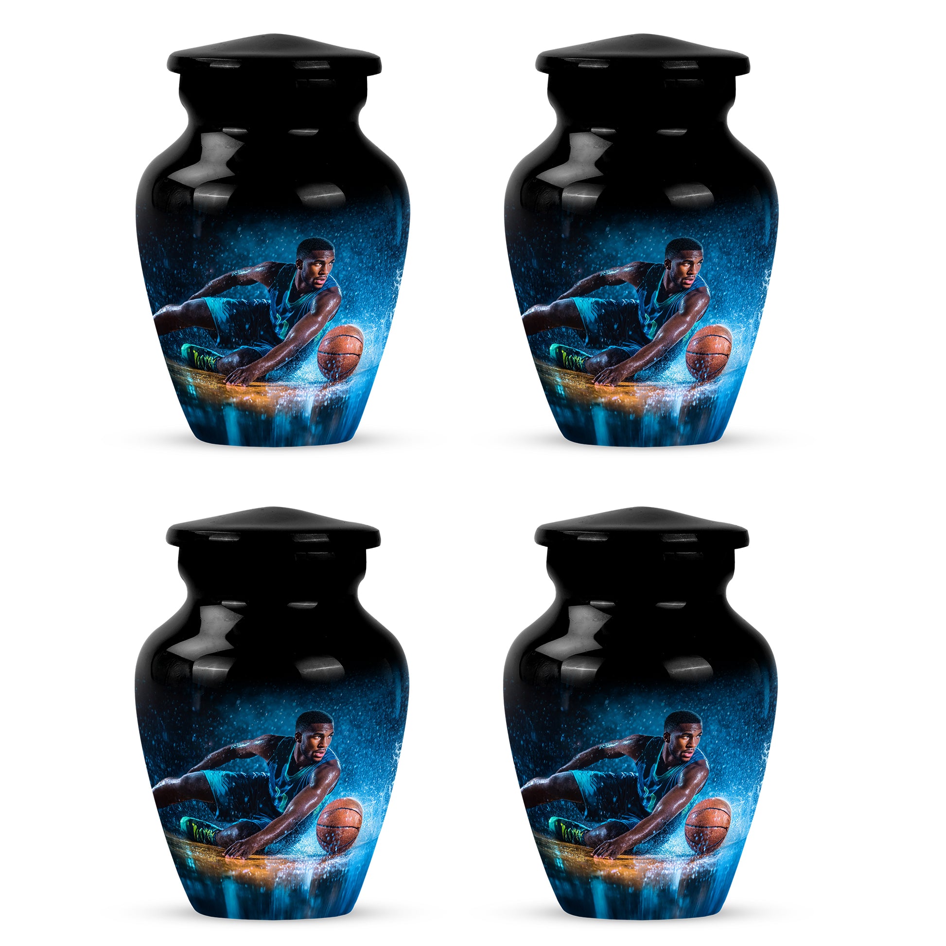 Onyx Black Basketball Cremation Urn side profile showing urn shape - traditional basketball engraving with hand-polished finish - 10 inch aluminum urn for cremated remains