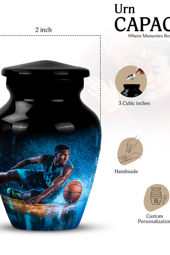 Midnight Black Basketball Cremation Urn close-up of engraving and surface detail - elegant classic basketball relief with fine detailing - mini keepsake memorial for portion of cremation ashes