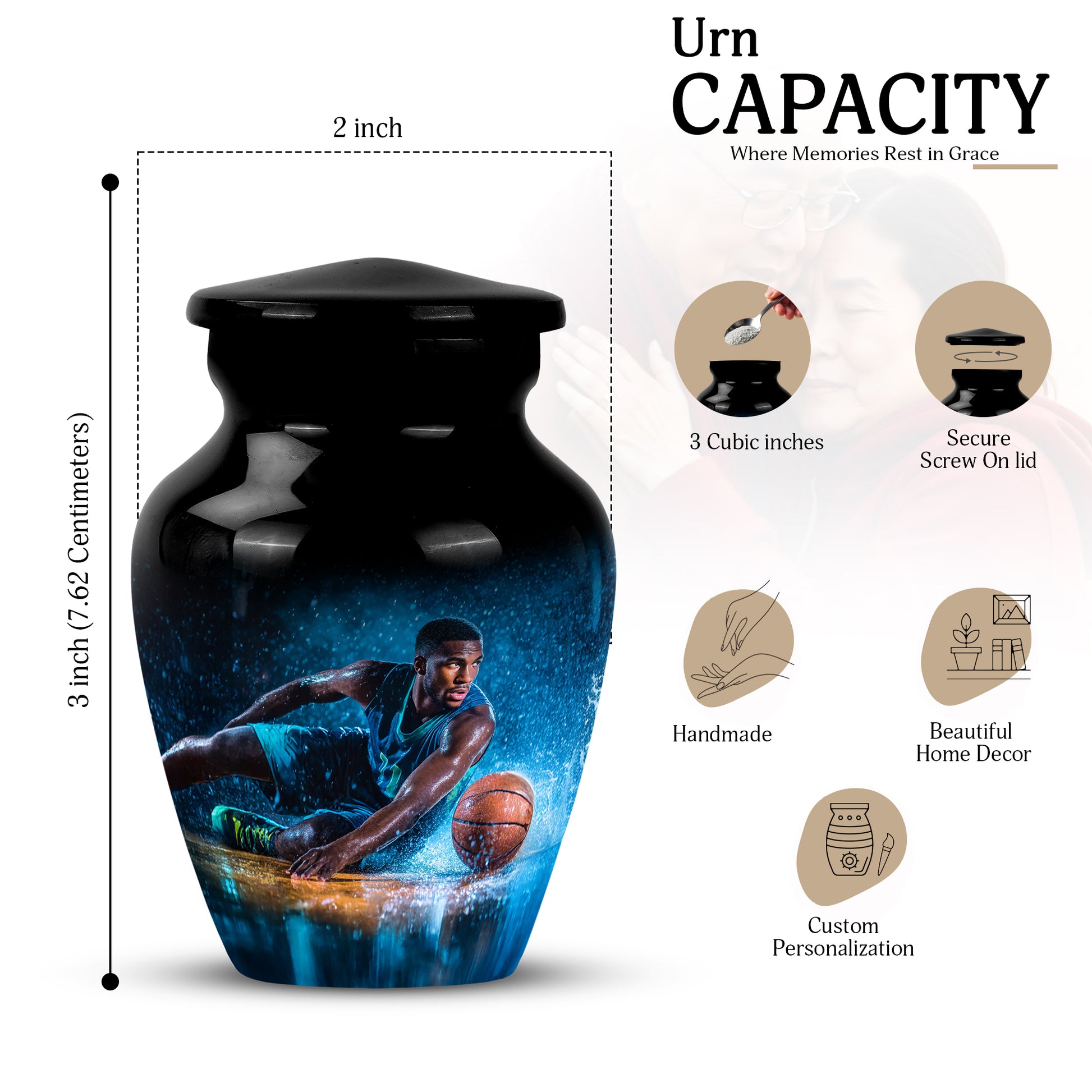 Midnight Black Basketball Cremation Urn close-up of engraving and surface detail - elegant classic basketball relief with fine detailing - mini keepsake memorial for portion of cremation ashes