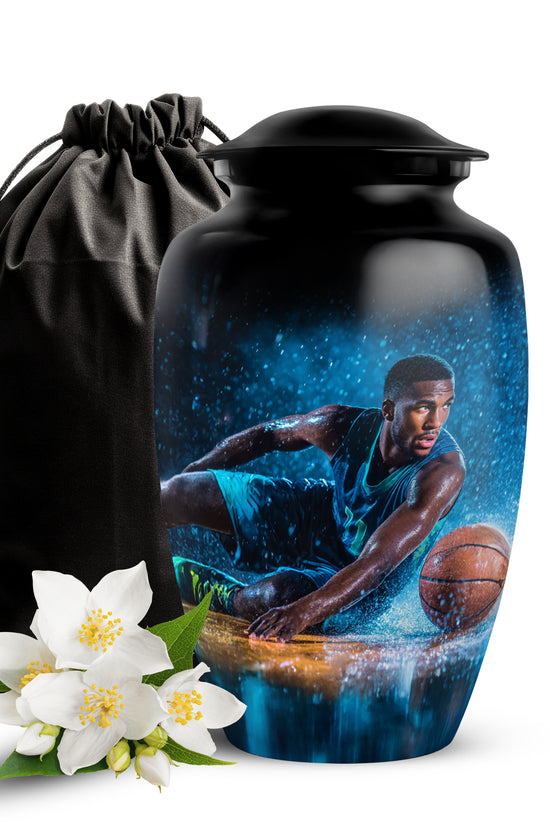 Obsidian Black Basketball Cremation Urn angled view of lid and engraved motif - elegant classic basketball relief with fine detailing - full-size 10 inch 200 cubic inch adult cremation urn
