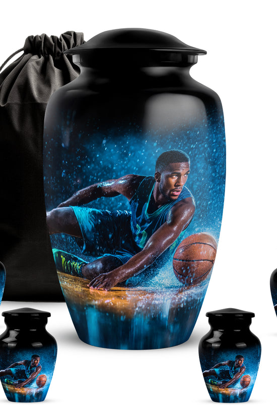 Obsidian Black Basketball Cremation Urn top-down view of secure threaded lid - traditional basketball engraving with hand-polished finish - memorial set with one large and four small urns