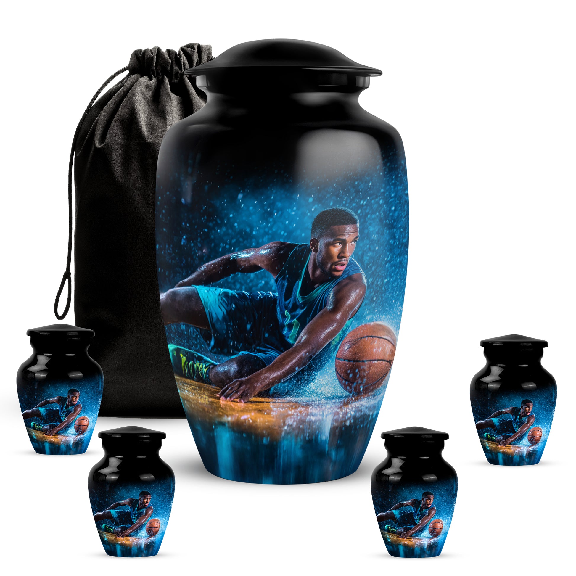 Obsidian Black Basketball Cremation Urn top-down view of secure threaded lid - traditional basketball engraving with hand-polished finish - memorial set with one large and four small urns