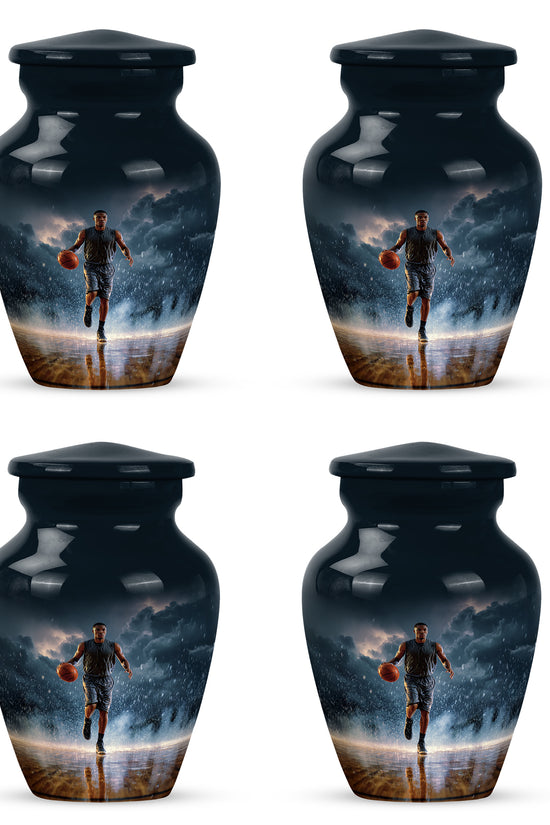 Dusty Blue Basketball Cremation Urn side profile showing urn shape - classic sculpted basketball pattern on smooth aluminum - 10 inch aluminum urn for cremated remains