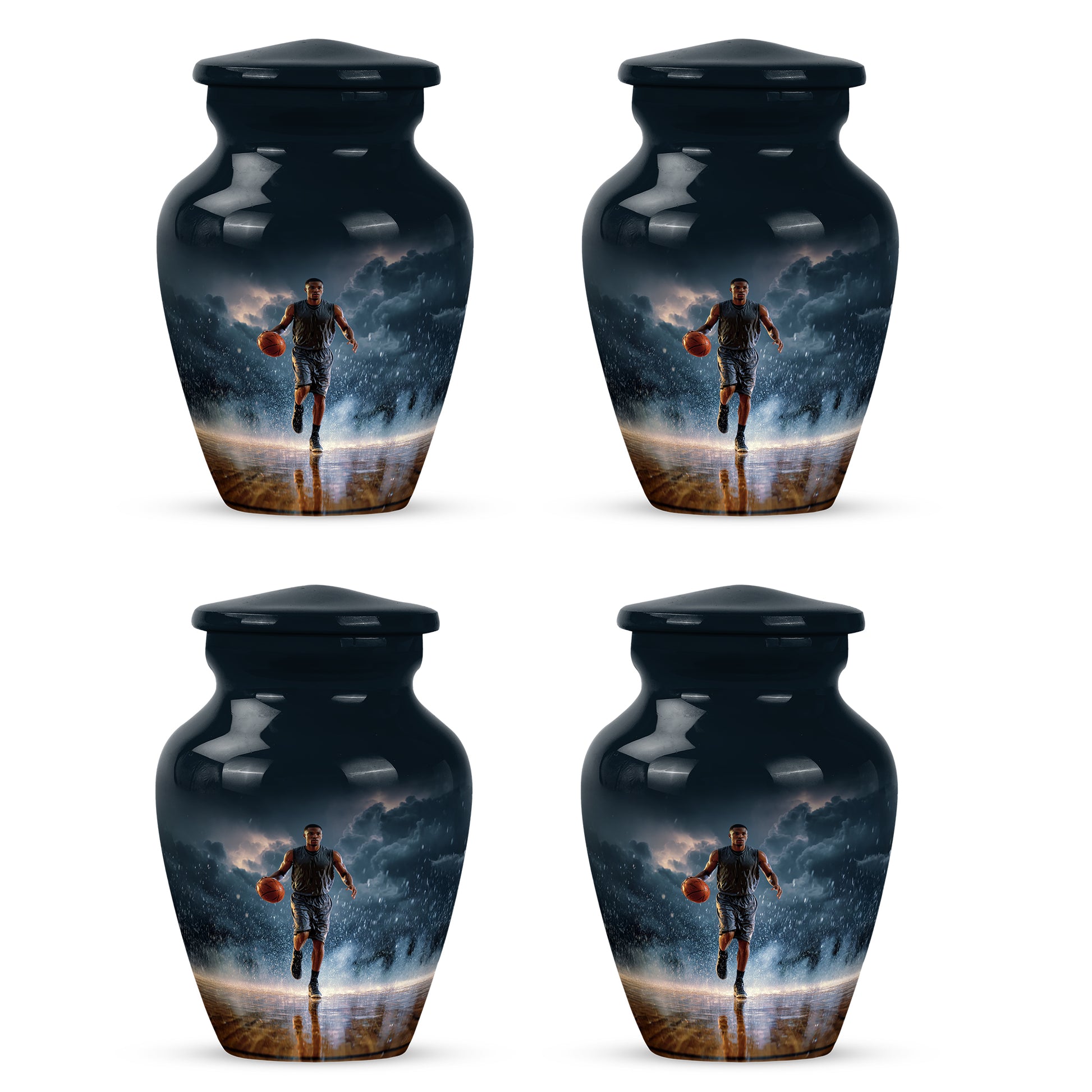 Dusty Blue Basketball Cremation Urn side profile showing urn shape - classic sculpted basketball pattern on smooth aluminum - 10 inch aluminum urn for cremated remains