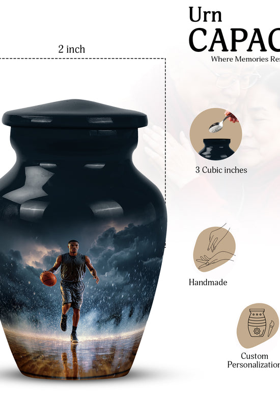 Misty Blue Basketball Cremation Urn close-up of engraving and surface detail - classic sculpted basketball pattern on smooth aluminum - mini keepsake memorial for portion of cremation ashes