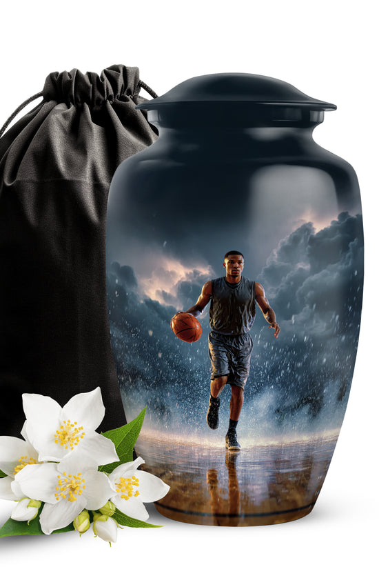 Soft Blue Basketball Cremation Urn angled view of lid and engraved motif - elegant classic basketball relief with fine detailing - full-size 10 inch 200 cubic inch adult cremation urn