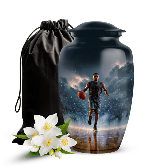 Soft Blue Basketball Cremation Urn angled view of lid and engraved motif - elegant classic basketball relief with fine detailing - full-size 10 inch 200 cubic inch adult cremation urn