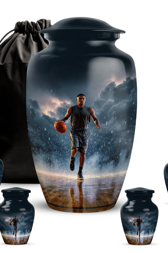 Pastel Blue Basketball Cremation Urn top-down view of secure threaded lid - classic sculpted basketball pattern on smooth aluminum - memorial set with one large and four small urns