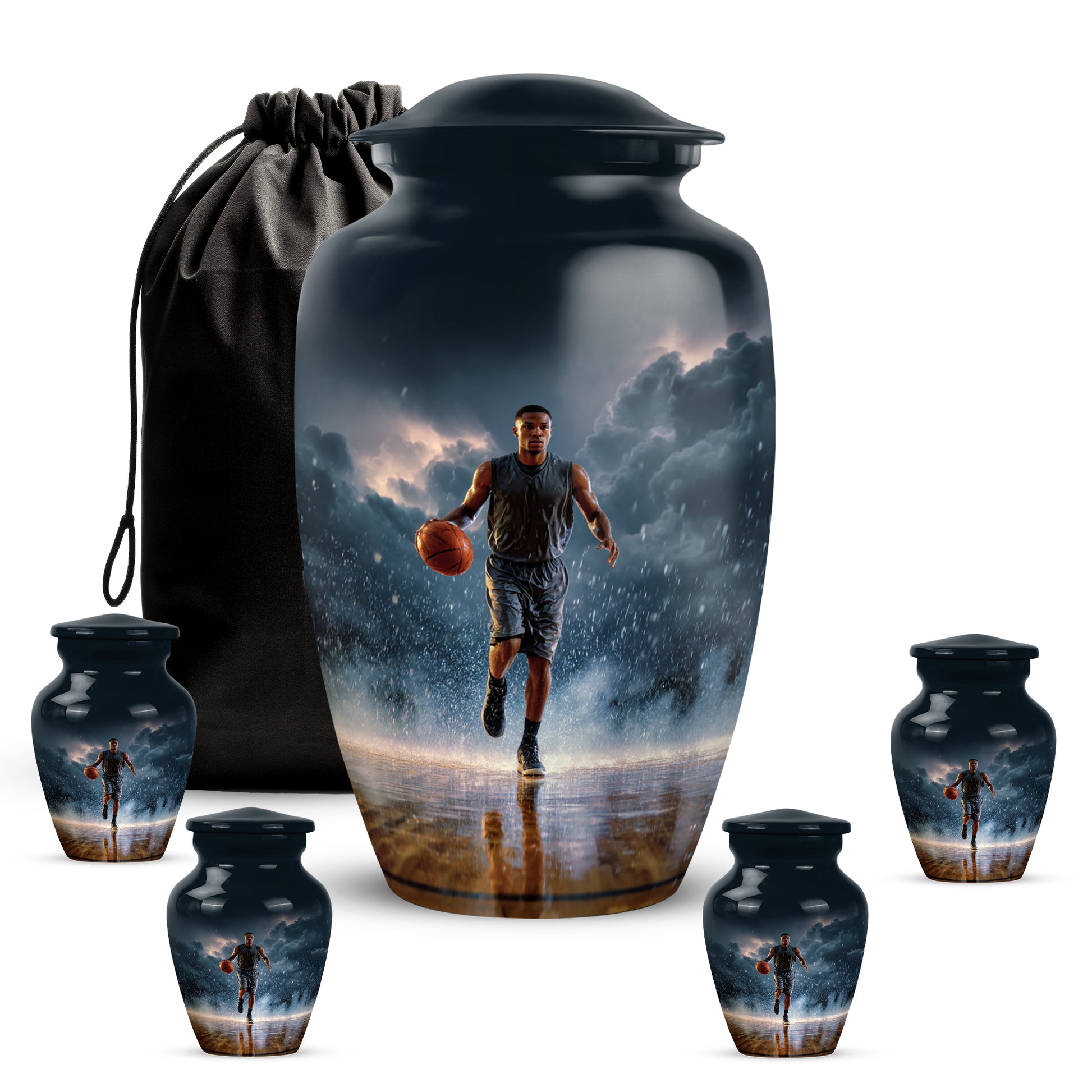 Pastel Blue Basketball Cremation Urn top-down view of secure threaded lid - classic sculpted basketball pattern on smooth aluminum - memorial set with one large and four small urns