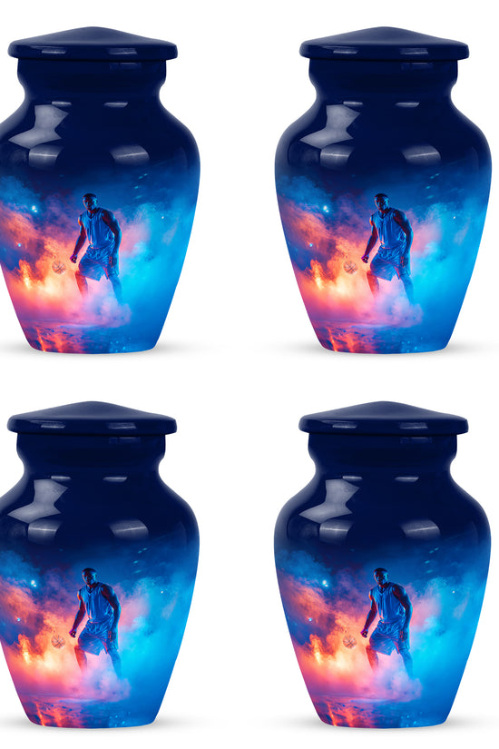 Serene Blue Basketball Cremation Urn side profile showing urn shape - elegant classic basketball relief with fine detailing - 10 inch aluminum urn for cremated remains