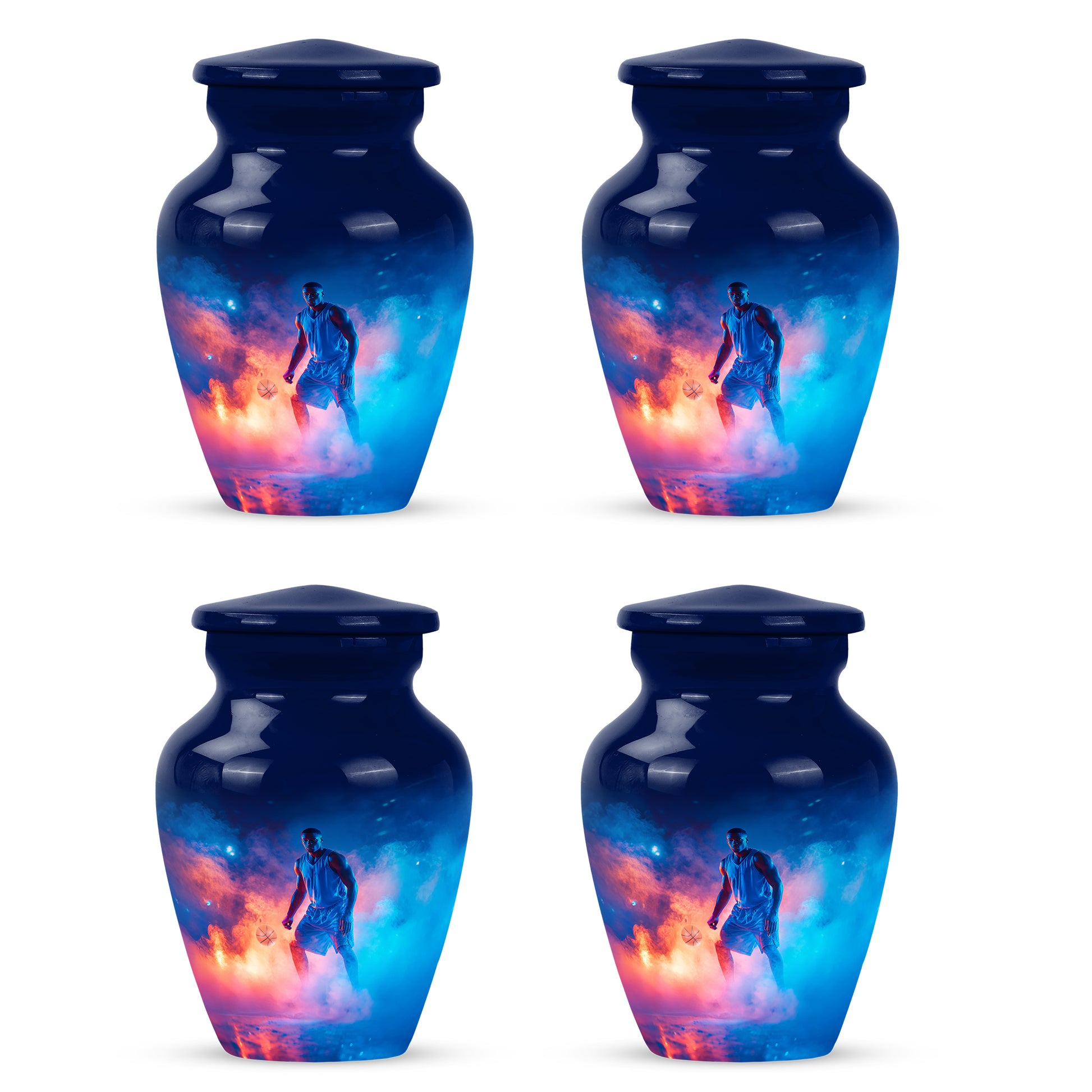 Serene Blue Basketball Cremation Urn side profile showing urn shape - elegant classic basketball relief with fine detailing - 10 inch aluminum urn for cremated remains
