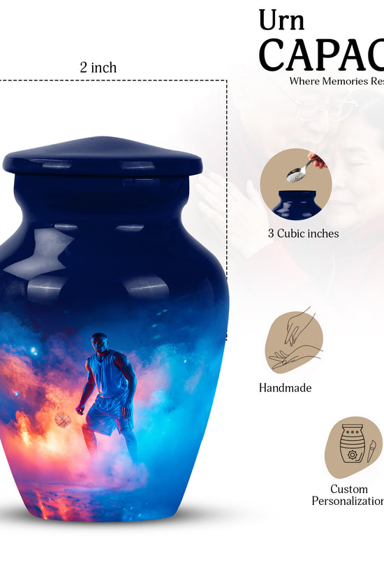 Royal Blue Basketball Cremation Urn close-up of engraving and surface detail - traditional basketball engraving with hand-polished finish - mini keepsake memorial for portion of cremation ashes