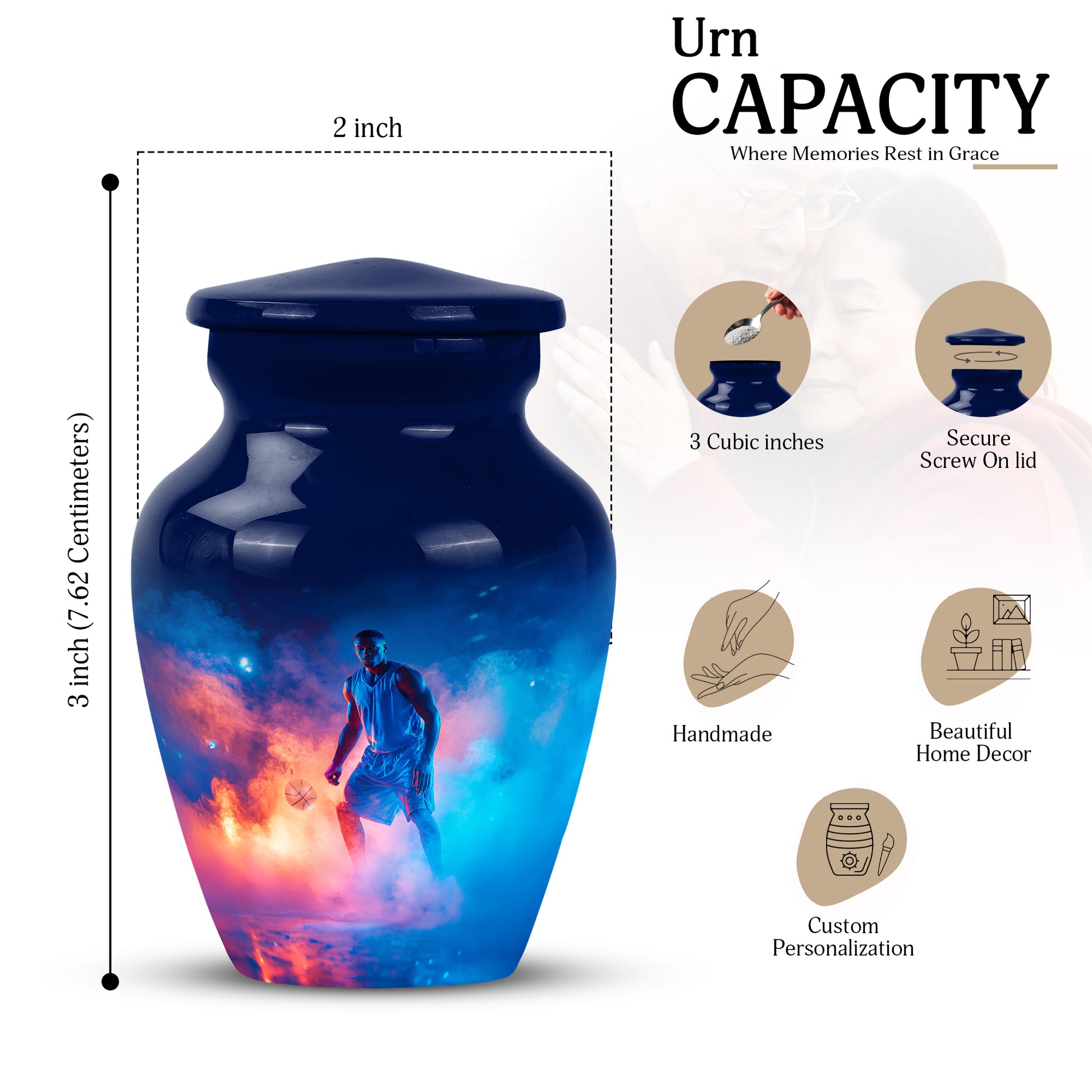 Royal Blue Basketball Cremation Urn close-up of engraving and surface detail - traditional basketball engraving with hand-polished finish - mini keepsake memorial for portion of cremation ashes