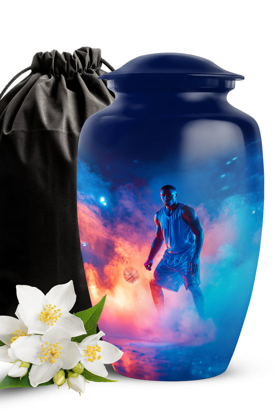 Navy Blue Basketball Cremation Urn angled view of lid and engraved motif - timeless basketball motif etched into premium metal - full-size 10 inch 200 cubic inch adult cremation urn