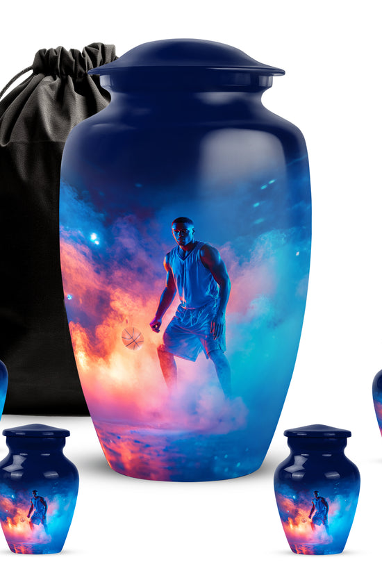 Bright Blue Basketball Cremation Urn top-down view of secure threaded lid - traditional basketball engraving with hand-polished finish - memorial set with one large and four small urns
