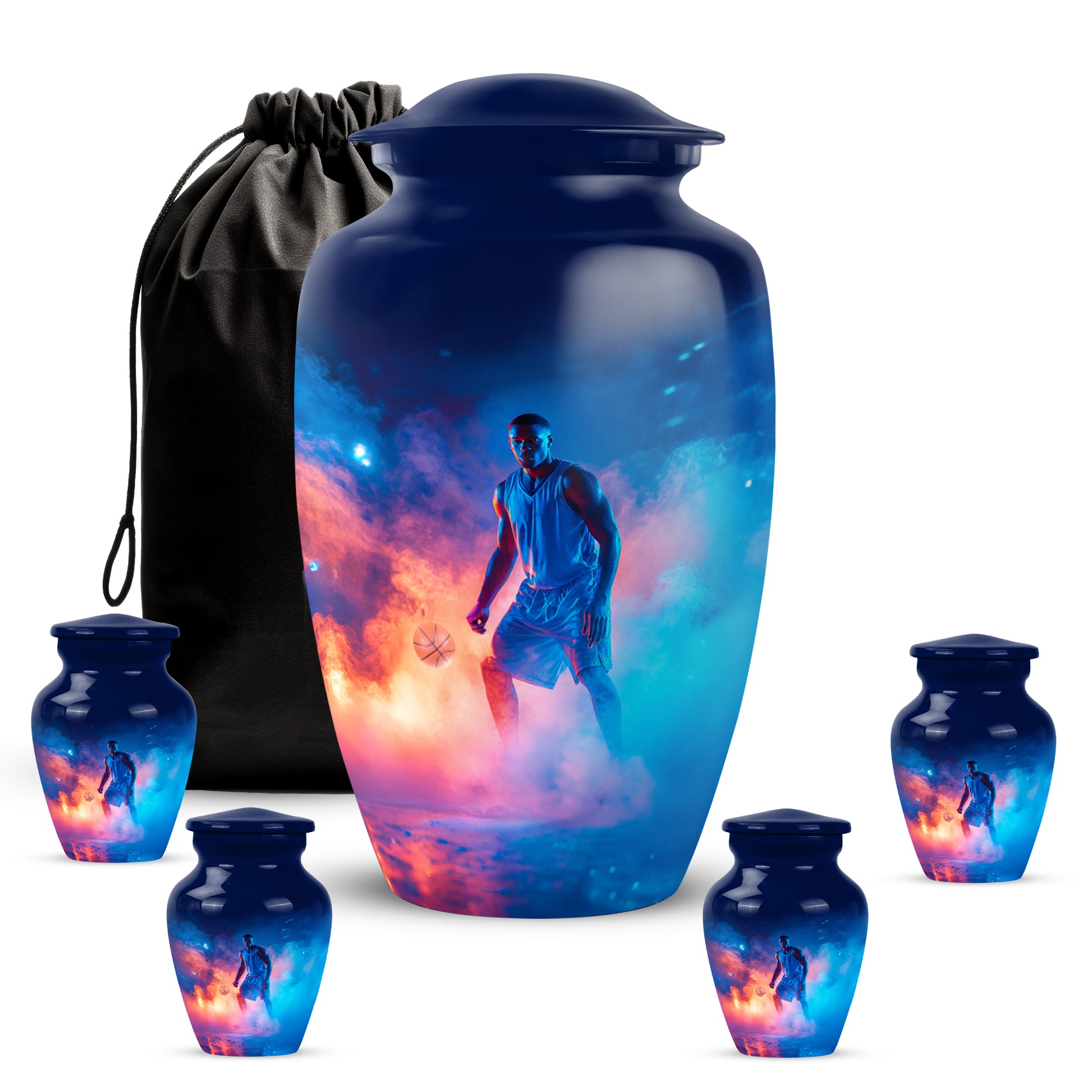 Bright Blue Basketball Cremation Urn top-down view of secure threaded lid - traditional basketball engraving with hand-polished finish - memorial set with one large and four small urns
