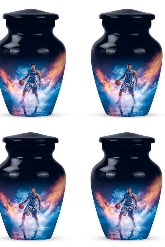 Dusty Blue Basketball Cremation Urn side profile showing urn shape - classic sculpted basketball pattern on smooth aluminum - 10 inch aluminum urn for cremated remains