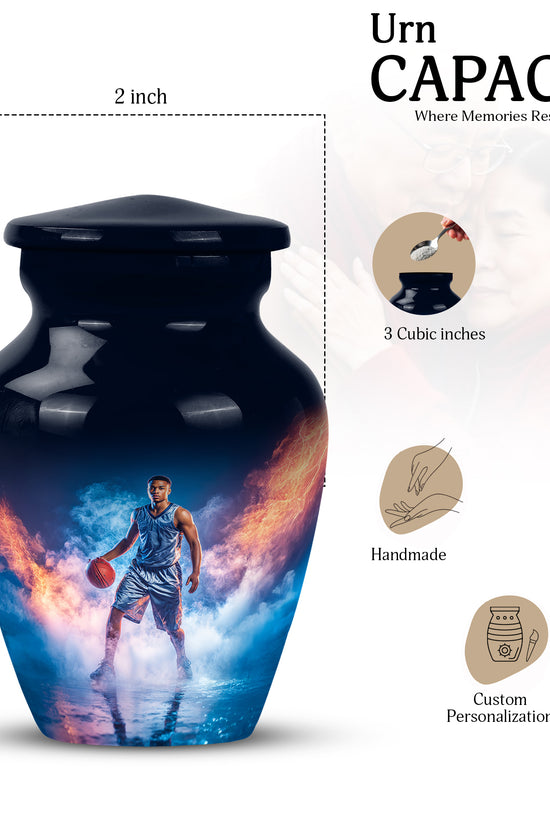 Bright Blue Basketball Cremation Urn close-up of engraving and surface detail - elegant classic basketball relief with fine detailing - mini keepsake memorial for portion of cremation ashes