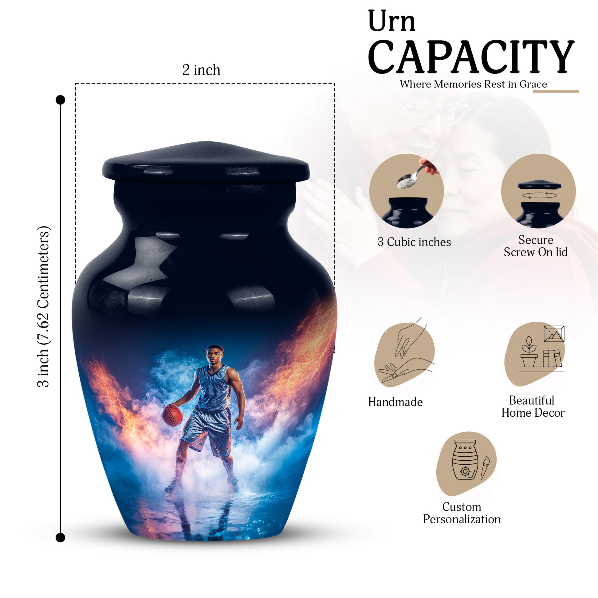 Bright Blue Basketball Cremation Urn close-up of engraving and surface detail - elegant classic basketball relief with fine detailing - mini keepsake memorial for portion of cremation ashes