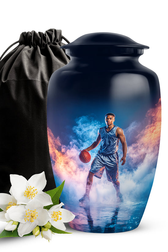 Cobalt Blue Basketball Cremation Urn angled view of lid and engraved motif - traditional basketball engraving with hand-polished finish - full-size 10 inch 200 cubic inch adult cremation urn