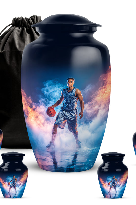 Royal Blue Basketball Cremation Urn top-down view of secure threaded lid - elegant classic basketball relief with fine detailing - memorial set with one large and four small urns