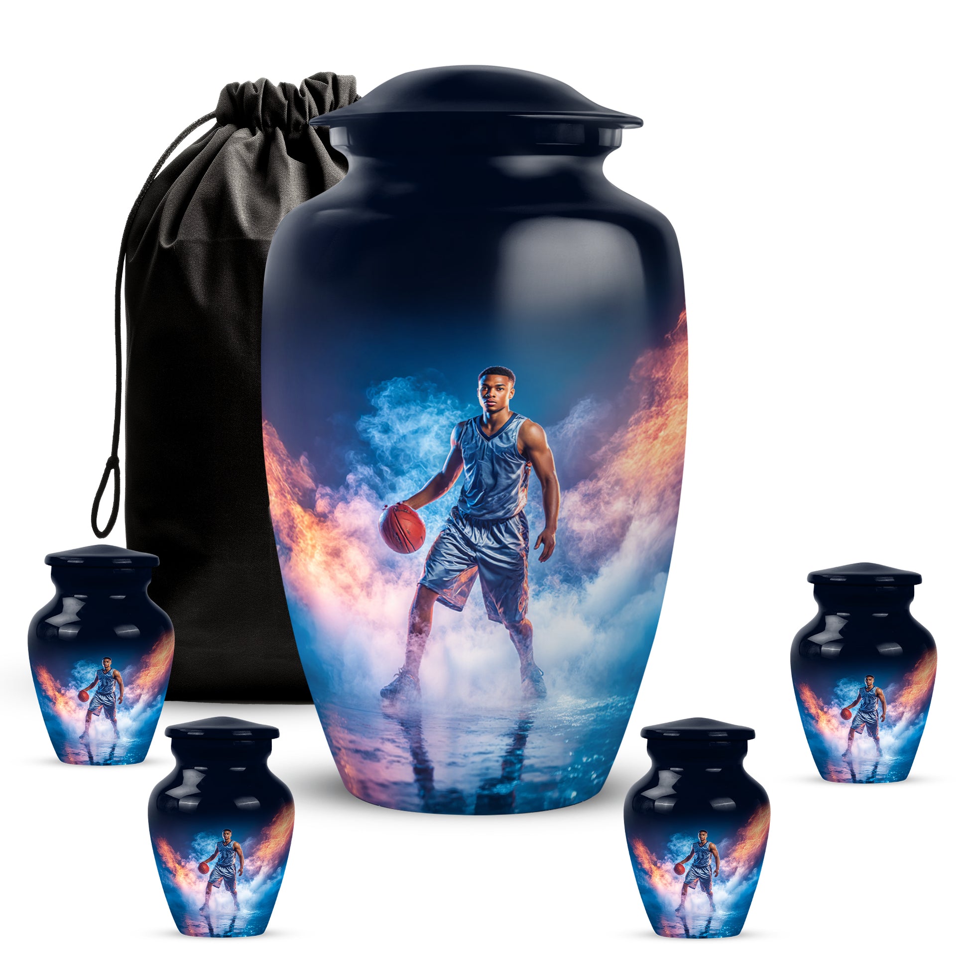 Royal Blue Basketball Cremation Urn top-down view of secure threaded lid - elegant classic basketball relief with fine detailing - memorial set with one large and four small urns