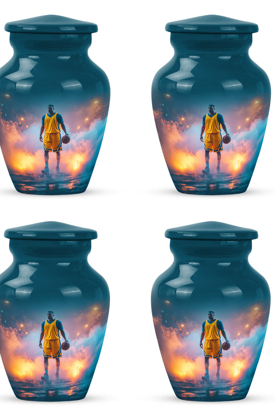 Tropical Teal Basketball Cremation Urn side profile showing urn shape - elegant classic basketball relief with fine detailing - 10 inch aluminum urn for cremated remains