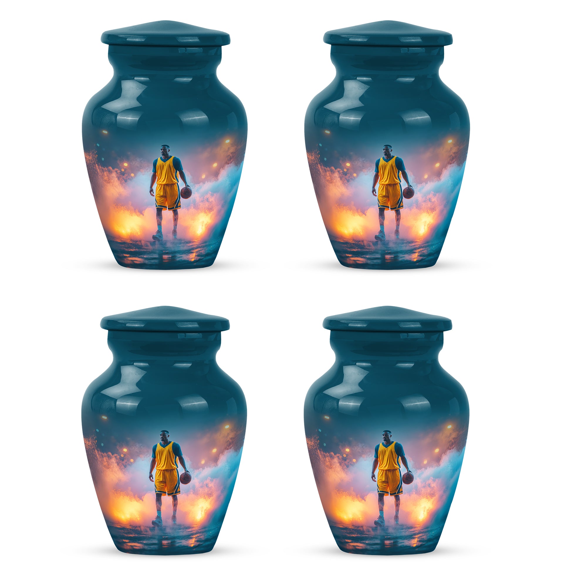 Tropical Teal Basketball Cremation Urn side profile showing urn shape - elegant classic basketball relief with fine detailing - 10 inch aluminum urn for cremated remains
